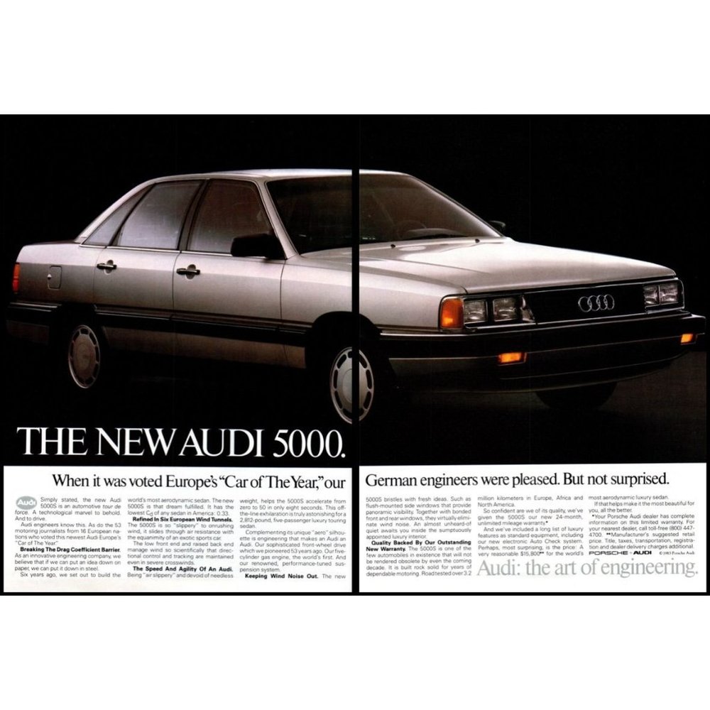 1983 Audi 5000 Luxury Sedan 2 Page Vintage Print Ad Silver 4 Door Wall Art